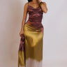 Golden Hour Satin Maxi Dress Set - Green front view showing full-length maxi silhouette