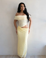 Golden Illusion Off-Shoulder Maxi Dress - Butter showing sophisticated construction details