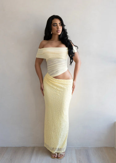 Golden Illusion Off-Shoulder Maxi Dress - Butter showing sophisticated construction details