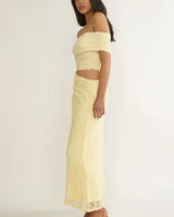 Golden Illusion Off-Shoulder Maxi Dress - Butter close up detail of off-shoulder design and fabric