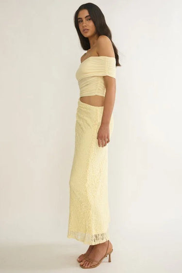 Golden Illusion Off-Shoulder Maxi Dress - Butter close up detail of off-shoulder design and fabric