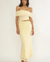 Golden Illusion Off-Shoulder Maxi Dress - Butter front view showing full-length maxi silhouette