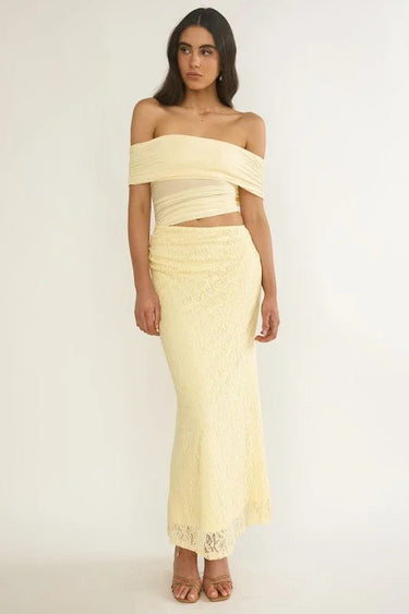 Golden Illusion Off-Shoulder Maxi Dress - Butter front view showing full-length maxi silhouette