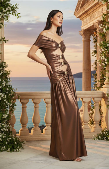 Off-shoulder metallic dress with contoured waist cut-outs