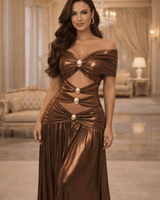 Bronze maxi dress with off-shoulder draped neckline