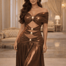 Bronze maxi dress with off-shoulder draped neckline