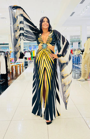 Golden Mirage Maxi Dress front view showing full-length maxi silhouette