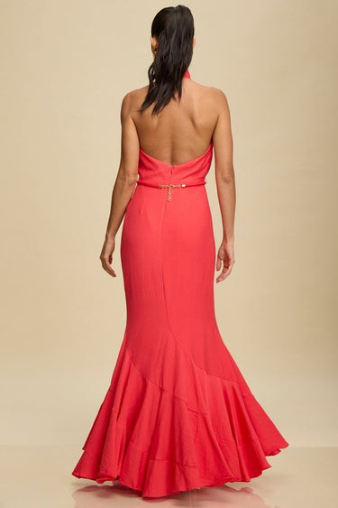 Golden Muse Halter Maxi Dress - Coral - Palazzo Couture Online