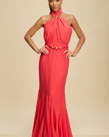 Golden Muse Halter Maxi Dress - Coral - Palazzo Couture Online