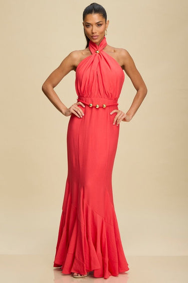 Golden Muse Halter Maxi Dress - Coral - Palazzo Couture Online