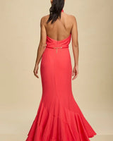 Golden Muse Halter Maxi Dress - Coral close up detail of halter design and fabric