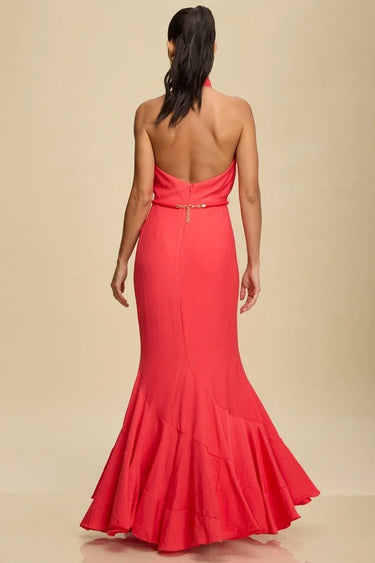 Golden Muse Halter Maxi Dress - Coral close up detail of halter design and fabric