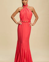 Golden Muse Halter Maxi Dress - Coral front view showing full-length maxi silhouette