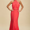 Golden Muse Halter Maxi Dress - Coral front view showing full-length maxi silhouette