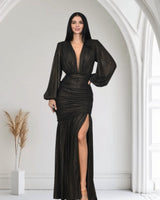 Golden Muse Metallic Foil Maxi Dress - Black - Palazzo Couture Online