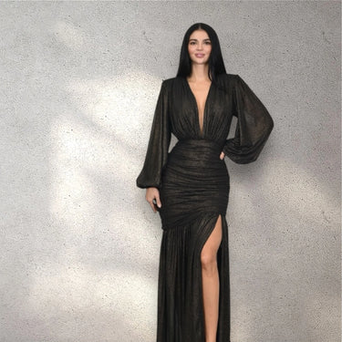 Golden Muse Metallic Foil Maxi Dress - Black close up detail of metallic design and fabric
