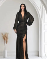 Golden Muse Metallic Foil Maxi Dress - Black front view showing full-length maxi silhouette