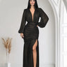 Golden Muse Metallic Foil Maxi Dress - Black front view showing full-length maxi silhouette