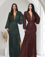 Golden Muse Metallic Foil Maxi Dress - Black side view highlighting floor-length hemline