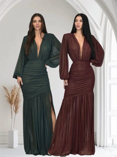 Golden Muse Metallic Foil Maxi Dress - Black side view highlighting floor-length hemline