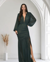 Golden Muse Metallic Foil Maxi Dress - Forest - Palazzo Couture Online