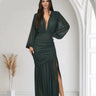 Golden Muse Metallic Foil Maxi Dress - Forest front view showing full-length maxi silhouette