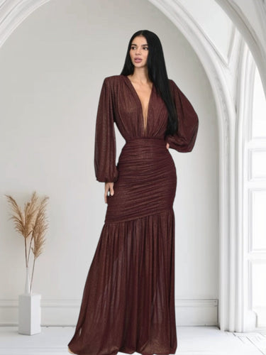 Golden Muse Metallic Foil Maxi Dress - Merlot - Palazzo Couture Online