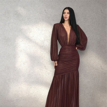 Golden Muse Metallic Foil Maxi Dress - Merlot - Palazzo Couture Online