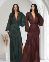 Golden Muse Metallic Foil Maxi Dress - Merlot - Palazzo Couture Online