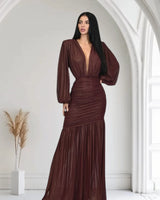 Golden Muse Metallic Foil Maxi Dress - Merlot front view showing full-length maxi silhouette