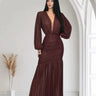 Golden Muse Metallic Foil Maxi Dress - Merlot front view showing full-length maxi silhouette