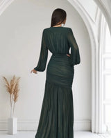 Golden Muse Metallic Foil Maxi Dress - Merlot side view highlighting floor-length hemline