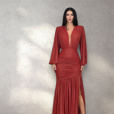 Golden Muse Metallic Foil Maxi Dress - Red - Palazzo Couture Online