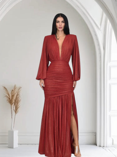 Golden Muse Metallic Foil Maxi Dress - Red - Palazzo Couture Online