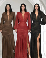 Women's Red maxi dress metallic style back view