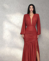 Golden Muse Metallic Foil Maxi Dress- Red close up detail of metallic design and fabric