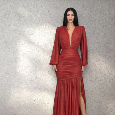 Golden Muse Metallic Foil Maxi Dress- Red close up detail of metallic design and fabric