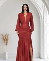Golden Muse Metallic Foil Maxi Dress- Red front view showing full-length maxi silhouette