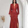 Golden Muse Metallic Foil Maxi Dress- Red front view showing full-length maxi silhouette