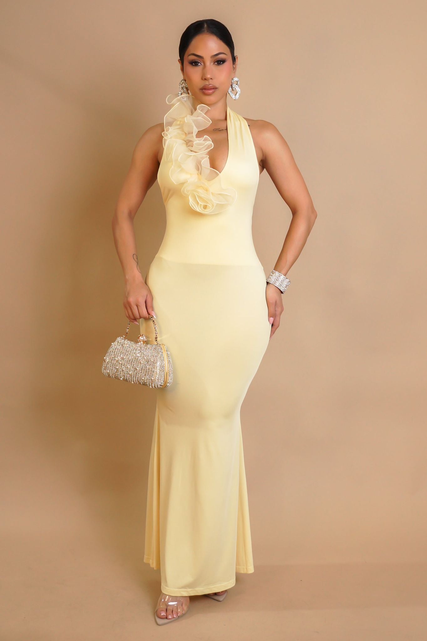 Golden Petal Halter Maxi Dress - Yellow - Palazzo Couture Online