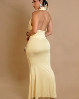 Golden Petal Halter Maxi Dress - Yellow close up detail of halter design and fabric