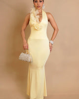 Golden Petal Halter Maxi Dress - Yellow front view showing full-length maxi silhouette