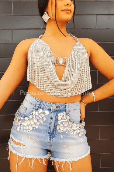 Golden Rhinestone Crop Top (Silver) - Palazzo Couture Online