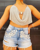 Golden Rhinestone Crop Top (Silver) - women's cropped top