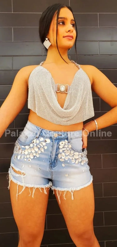 Golden Rhinestone Crop Top (Silver) - women's cropped top