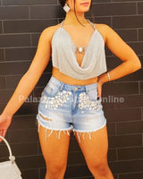 Golden Rhinestone Crop Top (Silver) - stylish going out crop top