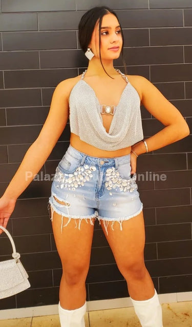 Golden Rhinestone Crop Top (Silver) - stylish going out crop top