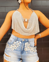 Golden Rhinestone Crop Top (Silver) for women - crop top by Palazzo Couture