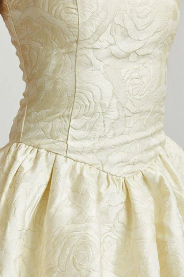 Golden Rose Jacquard Mini Dress - Champagne side view highlighting short hemline