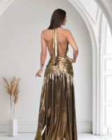 Golden Siren Metallic Maxi Dress close up detail of metallic design and fabric
